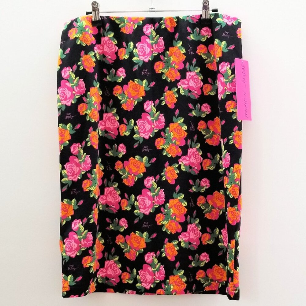 Betsey Johnson Pink Orange Roses on Black Floral Print Pull On Pencil Skirt